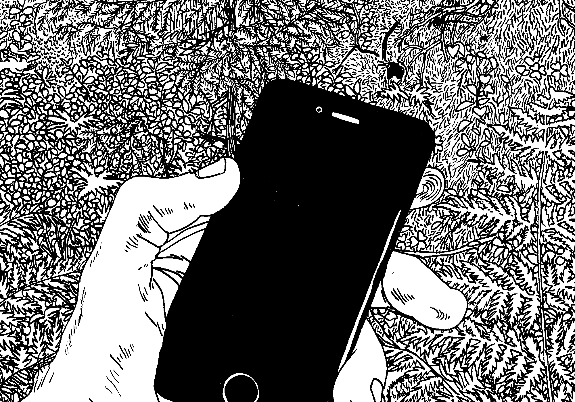 Illustration of a hand holding a phone. On the phone screen is an ear with a plant sprouting from it