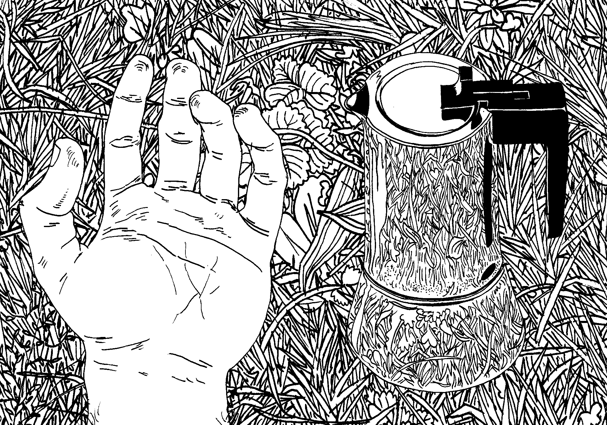 Illustration of a hand and mocha pot – the hand unscrews the top of the mocha pot before becoming fused with it